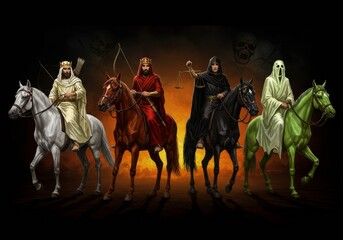 A vivid digital illustration of the Four Horsemen of the Apocalypse (Conquest, War, Famine, Death) on their distinct horses, set against a dark and infernal background. This powerful image represents 
