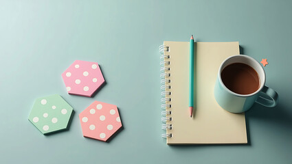 A light blue mug filled with coffee sits next to a notebook and pencil with polka dot coasters nearby