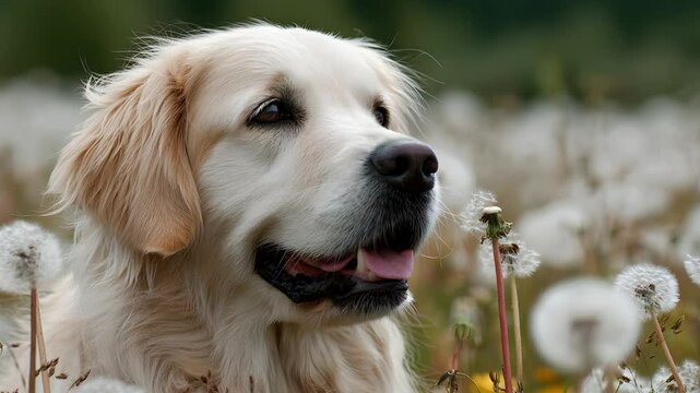 Golden Retriever Portrait in Dandelion Field, Selective Focus
