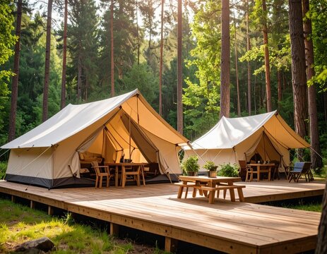 Cozy camping tents on a wooden deck in a forest - Powered by Adobe