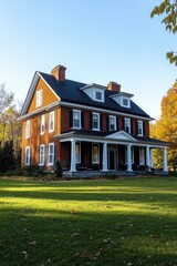 Historic brick mansion set against a backdrop of autumn foliage showcasing a well-maintained lawn and classic architectural details during late afternoon sunlight