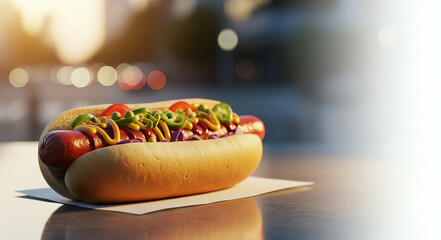 Juicy Hotdog on Reflective Counter with Urban Background