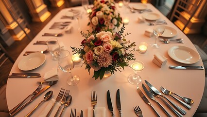Elegant wedding buffet table with floral centerpiece and polished silverware in warm ambient lighting.