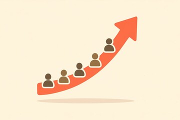 Minimal flat illustration of people figures riding an upward red arrow, symbolizing subscriber growth, social media followers increase, community success, and positive trend.