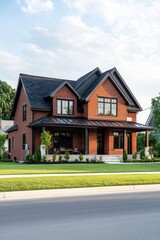 Obraz premium A contemporary brick home featuring a stylish sloped roof sits within a beautifully landscaped yard in a peaceful suburban neighborhood, basking in the warm glow of the late afternoon sun