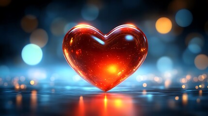 Glowing red heart on a reflective surface.