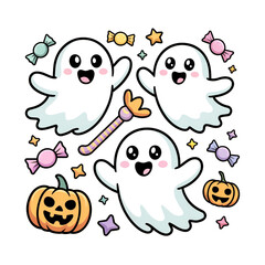 Three cute cartoon ghosts with pumpkins and candy for halloween