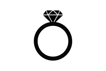 Simple black silhouette of a diamond engagement ring with a single sparkling gemstone on a white background