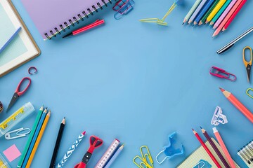 Vibrant Color Picture of Top View Desk Arrangement with School Supplies
