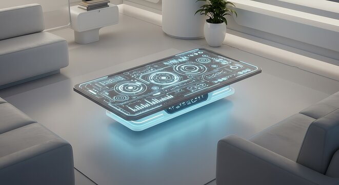Futuristic Living Room with Glowing Interface Coffee Table Displaying Data