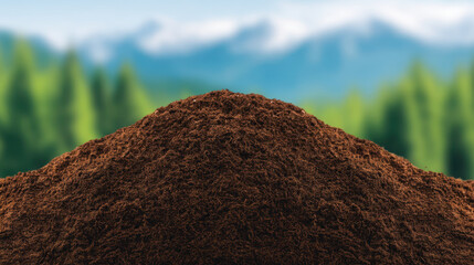Compost pile rich in organic material with blurred forest and mountain background in natural outdoor setting