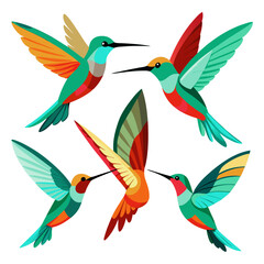 Obraz premium A vibrant illustration showcases five stylized hummingbirds in flight each displaying a unique and colorful plumage pattern against a clean white background creating a cheerful