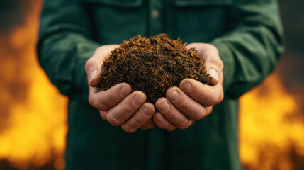 Organic soil held in hands with warm sunlight background showing natural gardening care and earth nurturing