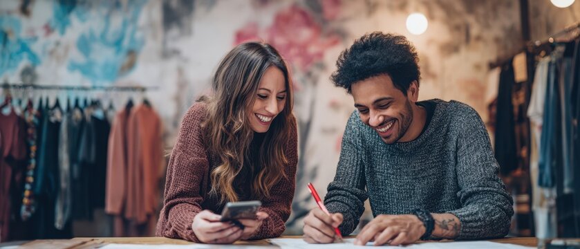 The engaged designers collaborating in a fashionable, creative workspace backdrop.