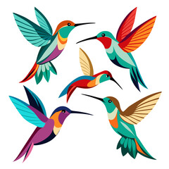 Obraz premium Vibrant Hummingbird Collection A Colorful Array of Stylized Birds in Flight Featuring Geometric Wing Patterns and a Clean Modern Aesthetic on a White Background Five