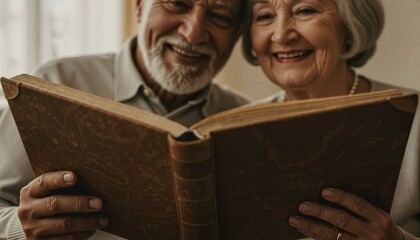 Elderly couple smiling while sharing memories from photo album  