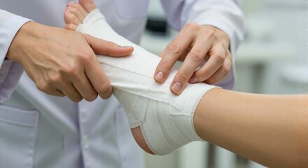Doctor wrapping ankle with bandage in medical clinic setting  