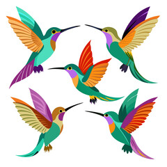 Naklejka premium A vibrant and stylized illustration showcasing five colorful hummingbirds in various poses each displaying unique wing patterns and plumage set against a clean white background