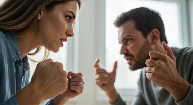 Couple arguing intensely over finances at home during daylight - Powered by Adobe