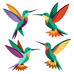 Vibrant Hummingbird Collection A Quartet of Colorful Birds in Flight Featuring Teal Purple Orange and Yellow Wings Set Against a Clean White Background for a