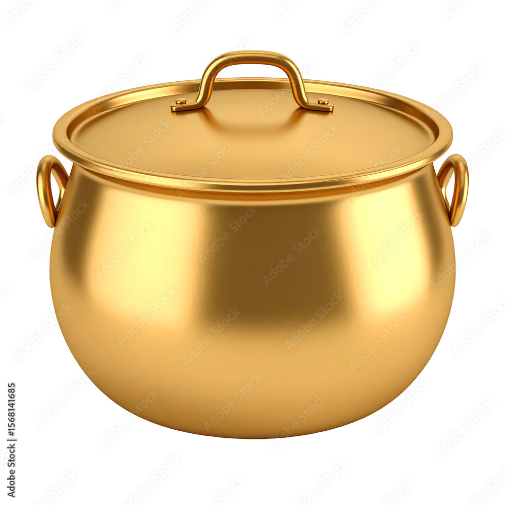 Poster golden cauldron lid 3d render with smooth rounded handle on transparent backdrop