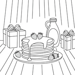 Pancakes with strawberries and syrup and gifts