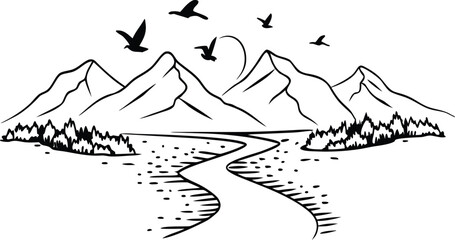 Fototapeta premium Minimalist Mountain Landscape with River and Flying Birds Illustration