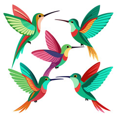A Vibrant Collection of Stylized Hummingbirds in Flight Featuring a Variety of Colors and Wing Patterns Set Against a Clean White Background Perfect for Nature