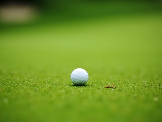 Golf ball on green grass near a bunker.