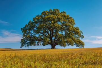 Lonely oak tree in vivid green leaves under a clear blue sky, an ideal scene for nature enthusiasts and outdoor lovers seeking tranquil landscapes