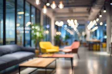 Stylish blurred office lounge featuring cozy seating and ambient lighting, ideal for contemporary workspace design and professional atmosphere inspiration