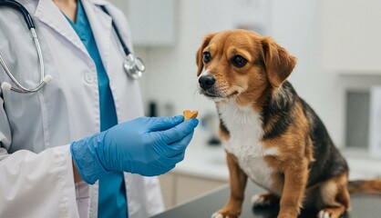 Veterinarian giving treat to dog after examination in clinic  