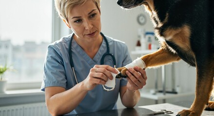 Veterinarian bandaging injured paw of dog in clinic setting  