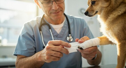 Veterinarian bandaging injured paw of small dog in clinic  