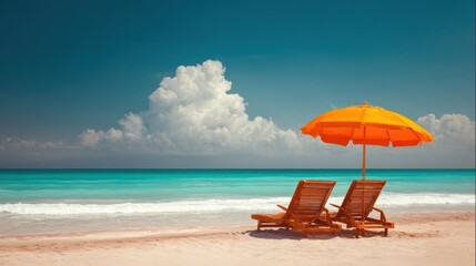 Obraz premium The relaxing beach scene with chairs and an umbrella under a bright sky