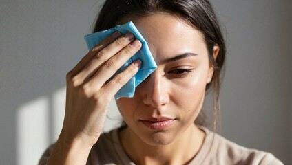 Woman applying cold compress to forehead while looking concerned indoors  