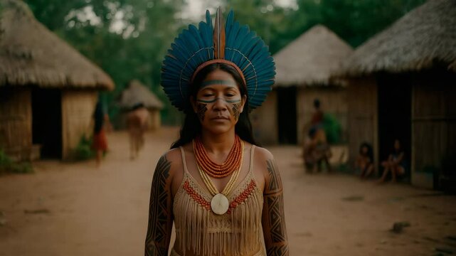 Indigenous Patax&oacute; woman standing with pride in traditional village, cinematic portrait