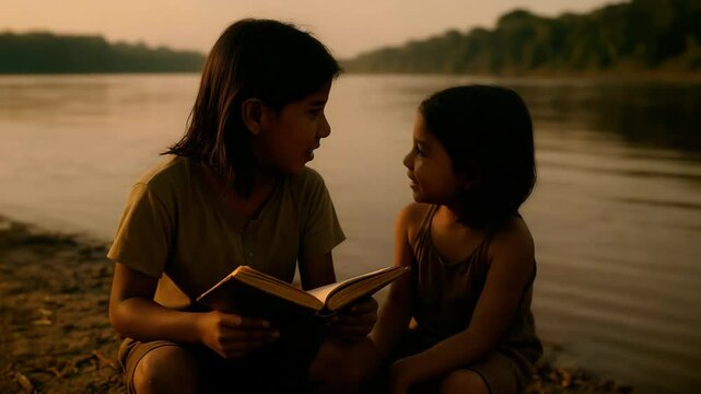 Indigenous children reading a book by the riverbank at sunset, cinematic moment