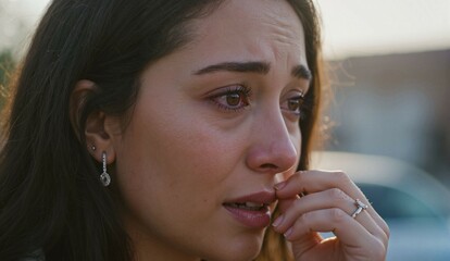 Young woman crying with tears while standing outdoors in sunlight  