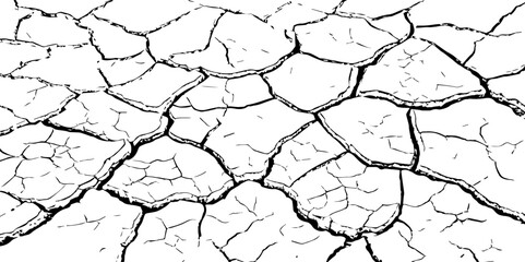 High-contrast cracked earth texture in black and white. Perfect for backgrounds, drought, climate change visuals, or abstract design with broken, fragmented surface patterns.