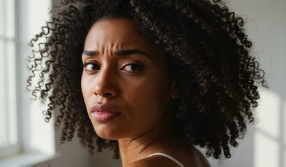 Young black woman with curly hair looking back thoughtfully indoors  