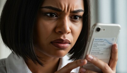 Young black woman looking upset while reading a message on smartphone  