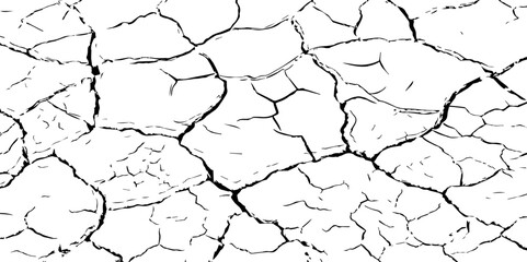 Black and white cracked earth texture, showing dry, broken ground pattern. Ideal for drought, environmental, or natural disaster themes in backgrounds, illustrations, or graphic design.