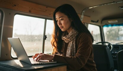 Asian woman working on laptop inside parked van during sunset  