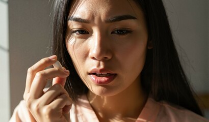 Young Asian woman holding hormone therapy pill with serious expression  