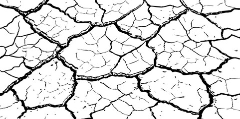Black and white cracked earth texture, showing dry, broken ground pattern. Ideal for drought, environmental, or natural disaster themes in backgrounds, illustrations, or graphic design.