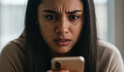 Young woman looking upset while reading text message on phone  