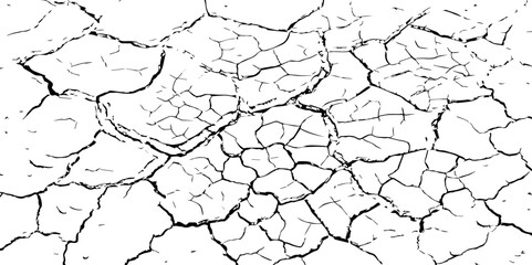 Black and white cracked earth texture, showing dry, broken ground pattern. Ideal for drought, environmental, or natural disaster themes in backgrounds, illustrations, or graphic design.
