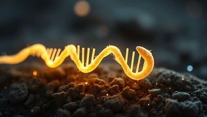 A glowing microscopic worm with unraveling DNA helix forming cosmic patterns, embodying evolutionary mysteries.