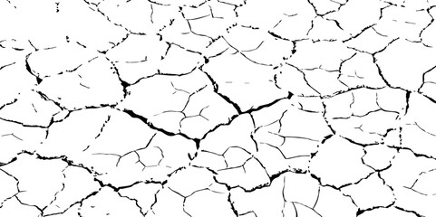 Black and white cracked earth texture, showing dry, broken ground pattern. Ideal for drought, environmental, or natural disaster themes in backgrounds, illustrations, or graphic design.